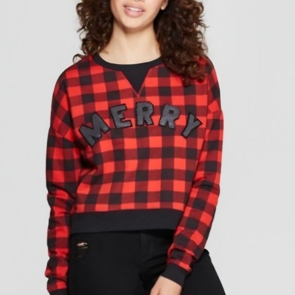 Fifth Sun‎ Christmas Red and Black Plaid 'Merry' Sweatshirt Size Large